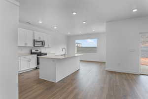 Kitchen featuring recessed lighting, a kitchen island with sink, stainless steel appliances, dark wood-type flooring, and white cabinetry