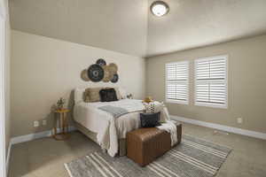 Bedroom with visible vents, baseboards, lofted ceiling, carpet flooring, and a textured ceiling