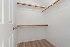 Walk in closet featuring carpet flooring and vaulted ceiling