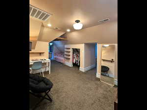 Carpeted bedroom featuring visible vents, baseboards, and vaulted ceiling