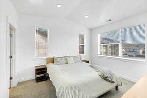 Bedroom featuring vaulted ceiling, multiple windows, visible vents, and light carpet