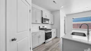 Kitchen featuring a sink, light countertops, visible vents, and stainless steel appliances