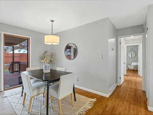 Dining room featuring light wood-style flooring and baseboards