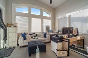 Home office featuring light colored carpet and ceiling fan