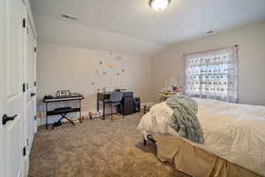 Carpeted bedroom featuring visible vents, a textured ceiling, baseboards, and vaulted ceiling