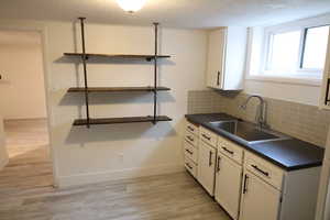 Kitchen with a sink, light wood-type flooring, tasteful backsplash, and dark countertops
