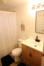 Bathroom featuring toilet, vanity, and a shower with curtain