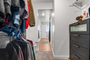 Walk in closet featuring light colored carpet