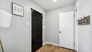 Entryway with light LVP floors and baseboards