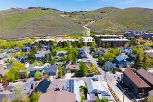 Aerial view of residential area with mountains