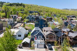 Aerial view of residential area with a heavily wooded area