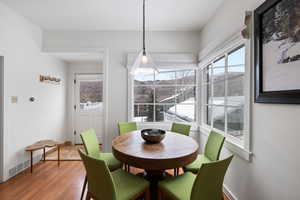 Dining area with wood finished floors, visible vents, and baseboards