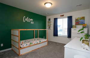 Bedroom with visible vents, baseboards, and carpet floors
