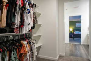Spacious closet with ceiling fan