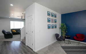 Sitting room featuring a ceiling fan, wood finished floors, stairway, carpet, and baseboards