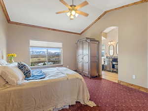 Carpeted bedroom featuring vaulted ceiling, multiple windows, crown molding, and arched walkways