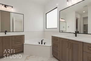 Bathroom with two vanities, marble finish floor, and a sink