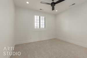 Unfurnished room featuring recessed lighting, visible vents, carpet flooring, and a ceiling fan