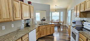 Kitchen featuring a sink, dark wood finished floors, white appliances, stone counters, and decorative backsplash
