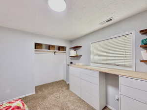 Clean basement bedroom chest of drawers and closet.