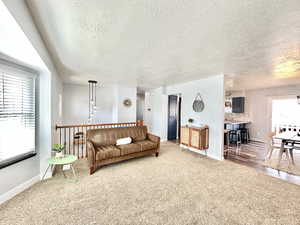 Living room with light colored carpet and a textured ceiling