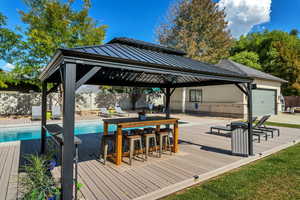 Wooden deck featuring a gazebo, a fenced backyard, and a fenced in pool