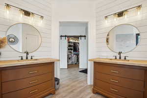 Bathroom with a sink, two vanities, and wood finished floors