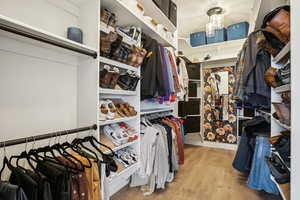 Walk in closet with wood finished floors