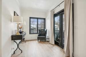 Living area featuring light wood finished floors, a healthy amount of sunlight, baseboards, and ornamental molding