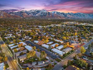 Aerial view at dusk with a mountain view