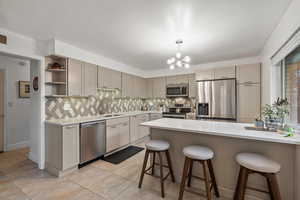 Kitchen with open shelves, stainless steel appliances, a kitchen breakfast bar, and tasteful backsplash