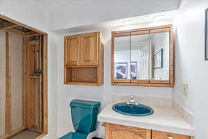 Basement bathroom is plumbed for a shower.