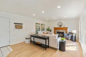 Living room with door to garage.