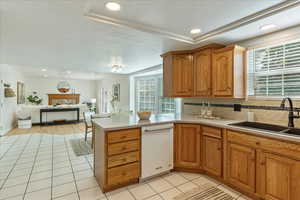 Open-concept view from kitchen into family room.