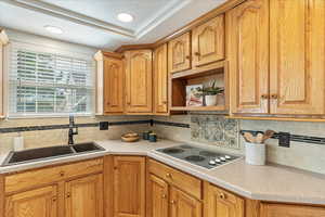 Kitchen with a sink, open shelves, electric cooktop, and light countertops.