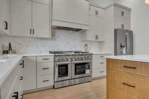 Kitchen with premium range hood, tasteful backsplash, appliances with stainless steel finishes, and light wood-style flooring