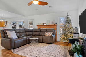 Living room featuring vaulted ceiling, light wood-style floors, and ceiling fan
