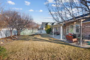 View of yard featuring a fenced backyard, a patio area, a mountain view, and a trampoline