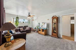 Carpeted living room with a ceiling fan and a textured ceiling