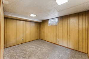 Basement featuring wooden walls, baseboards, carpet floors, and a textured ceiling