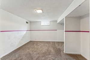 Below grade area featuring baseboards, visible vents, carpet floors, and a textured ceiling