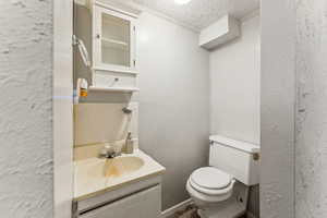 Bathroom featuring vanity, toilet, and a textured ceiling