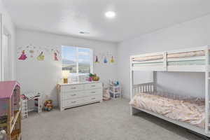 Carpeted bedroom featuring visible vents and baseboards