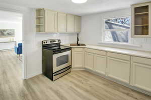 Kitchen featuring light wood finished floors, a backsplash, a sink, open shelves, stainless steel electric range, and light countertops