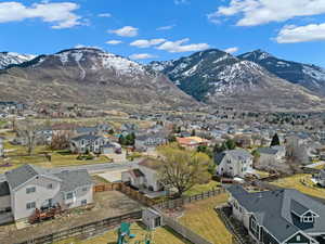 Birds eye view of property with a mountain view and a residential view