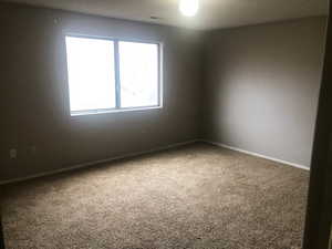 Spare room featuring visible vents, baseboards, carpet floors, and a textured ceiling