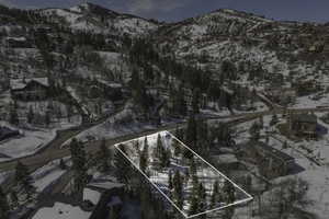 Snowy aerial view with a mountain view