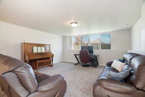 Carpeted living room in basement featuring baseboards and visible vents