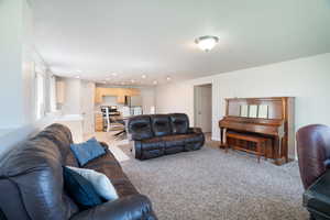 Living room featuring recessed lighting and light carpet