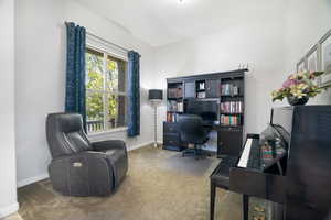 Office space with baseboards and carpet flooring